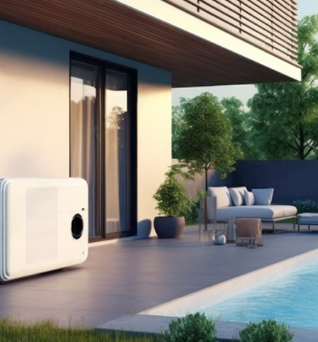 A modern outdoor pool setting with a white heat pump close to a glass sliding glass door.