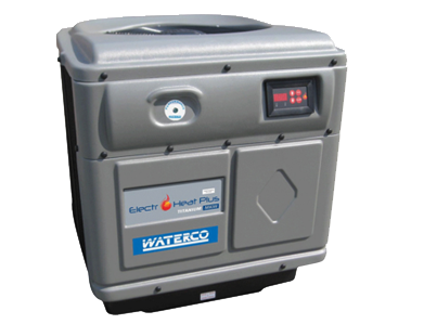 A Waterco Electro Heat Plus heat pump, square and grey in shape and color.
