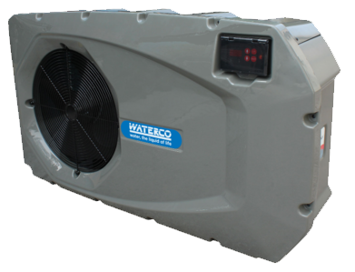 A grey Waterco heat pump with a circular fan in front, and a red digital display in the right corner.